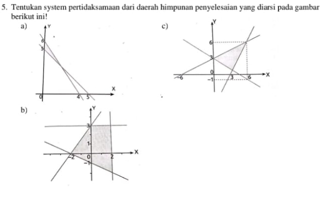 Tentukan system pertidaksamaan dari daerah himpunan penyelesaian yang diarsi pada gambar 
berikut ini! 
a) c
b)