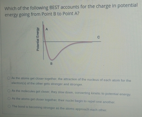 Which of the following BEST accounts for the charge in potential
energy going from Point B to Point A?
As the atoms get closer together, the attraction of the nucleus of each atom for the
electron(s) of the other gets stronger and stronger
As the molecules get closer, they slow down, converting kinetic to potential energy.
As the atoms get closer together, their nuclei begin to repel one another.
The bond is becoming stronger as the atoms approach each other.