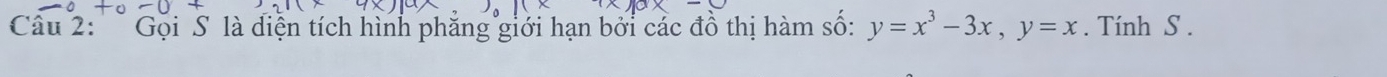 Gọi S là diện tích hình phẳng giới hạn bởi các đồ thị hàm số: y=x^3-3x, y=x. Tính S.