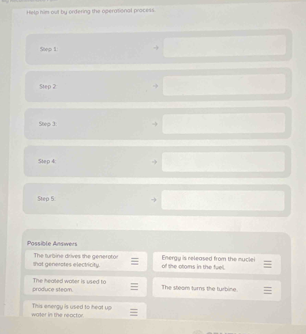 Help him out by ordering the operational process. 
Step 1: 
Step 2: 
Step 3: 
Step 4: 
Step 5: 
Possible Answers 
The turbine drives the generator Energy is released from the nuclei 
that generates electricity. of the atoms in the fuel. 
The heated water is used to The steam turns the turbine. 
produce steam. 
This energy is used to heat up 
water in the reactor. =