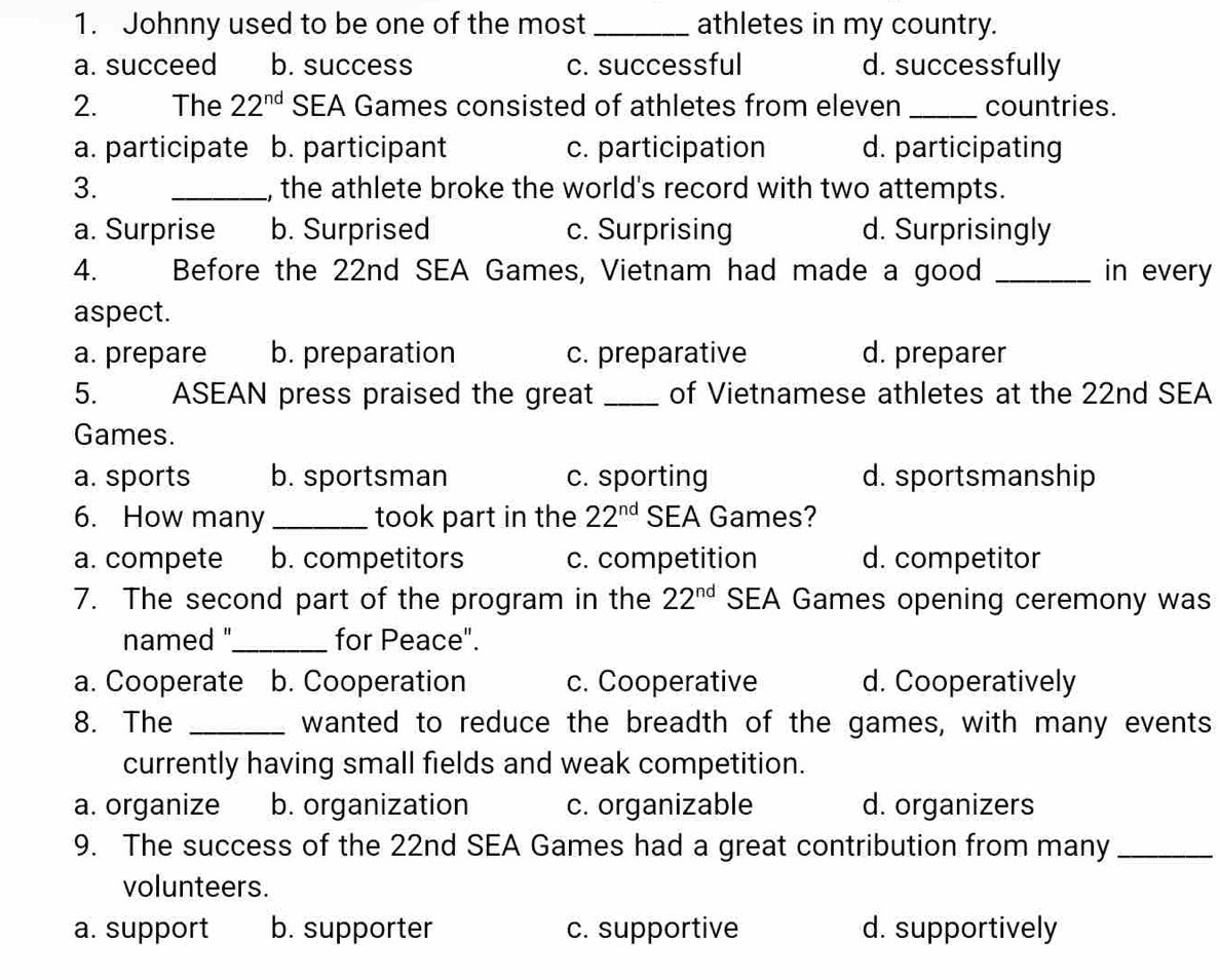 Johnny used to be one of the most_ athletes in my country.
a. succeed b. success c. successful d. successfully
2. The 22^(nd) SEA Games consisted of athletes from eleven _countries.
a. participate b. participant c. participation d. participating
3. _, the athlete broke the world's record with two attempts.
a. Surprise b. Surprised c. Surprising d. Surprisingly
4. Before the 22nd SEA Games, Vietnam had made a good _in every
aspect.
a. prepare b. preparation c. preparative d. preparer
5. ASEAN press praised the great _of Vietnamese athletes at the 22nd SEA
Games.
a. sports b. sportsman c. sporting d. sportsmanship
6. How many _took part in the 22^(nd) SEA Games?
a. compete b. competitors c. competition d. competitor
7. The second part of the program in the 22^(nd) SEA Games opening ceremony was
named "_ for Peace".
a. Cooperate b. Cooperation c. Cooperative d. Cooperatively
8. The _wanted to reduce the breadth of the games, with many events
currently having small fields and weak competition.
a. organize b. organization c. organizable d. organizers
9. The success of the 22nd SEA Games had a great contribution from many_
volunteers.
a. support b. supporter c. supportive d. supportively