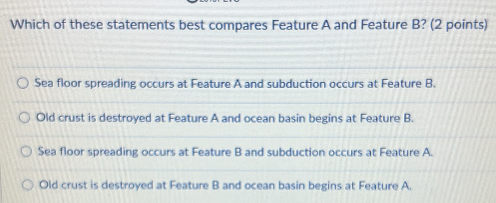 Which of these statements best compares Feature A and Feature B? (2 points)
Sea floor spreading occurs at Feature A and subduction occurs at Feature B.
Old crust is destroyed at Feature A and ocean basin begins at Feature B.
Sea floor spreading occurs at Feature B and subduction occurs at Feature A.
Old crust is destroyed at Feature B and ocean basin begins at Feature A.