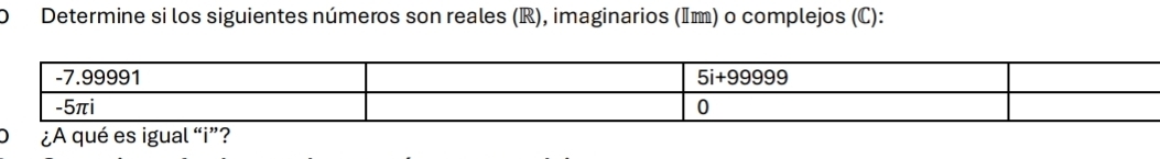 Determine si los siguientes números son reales (R), imaginarios (I) o complejos (C):
O