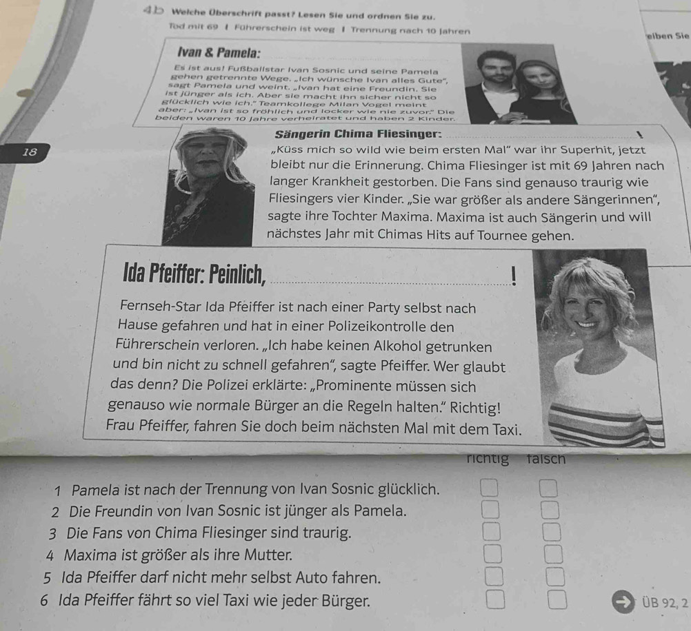  Welche Überschrift passt? Lesen Sie und ordnen Sie zu.
Tod mit 69 Ⅰ Führerschein ist weg Ⅰ Trennung nach 10 Jahren
eiben Sie
Ivan & Pamela:
Es ist aus! Fußballstar Ivan Sosnic und seine Pamela
gehen getrennte Wege. „Ich wünsche Ivan alles Gute'',
sagt Pamela und weint. „Ivan hat eine Freundin. Sie
ist jünger als ich. Aber sie macht ihn sicher nicht so
glücklich wie ich.' Teamkollege Milan Vogel meint
aber: „Ivan ist so fröhlich und locker wie nie zuvor." Die
beiden waren 10 Jahre verheiratet und haben 2 Kinder.
Sängerin Chima Fliesinger:
18
„Küss mich so wild wie beim ersten Mal“ war ihr Superhit, jetzt
bleibt nur die Erinnerung. Chima Fliesinger ist mit 69 Jahren nach
langer Krankheit gestorben. Die Fans sind genauso traurig wie
Fliesingers vier Kinder. „Sie war größer als andere Sängerinnen',
sagte ihre Tochter Maxima. Maxima ist auch Sängerin und will
nächstes Jahr mit Chimas Hits auf Tournee gehen.
Ida Pfeiffer: Peinlich,
Fernseh-Star Ida Pfeiffer ist nach einer Party selbst nach
Hause gefahren und hat in einer Polizeikontrolle den
Führerschein verloren. „Ich habe keinen Alkohol getrunken
und bin nicht zu schnell gefahren“, sagte Pfeiffer. Wer glaubt
das denn? Die Polizei erklärte: „Prominente müssen sich
genauso wie normale Bürger an die Regeln halten.” Richtig!
Frau Pfeiffer, fahren Sie doch beim nächsten Mal mit dem Taxi.
ricntig falsch
1 Pamela ist nach der Trennung von Ivan Sosnic glücklich.
2 Die Freundin von Ivan Sosnic ist jünger als Pamela.
3 Die Fans von Chima Fliesinger sind traurig.
4 Maxima ist größer als ihre Mutter.
5 Ida Pfeiffer darf nicht mehr selbst Auto fahren.
6 Ida Pfeiffer fährt so viel Taxi wie jeder Bürger.  ÜB 92, 2