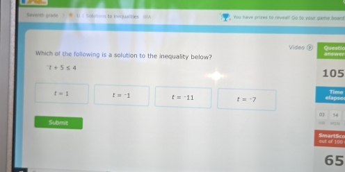 Seventh grade ) U.1 Solutinns to inequalities I0A You have prizes to reveal! Go to your game boars
Video Questic
Which of the following is a solution to the inequality below? answer
t+5≤ 4
105
Time
t=1 t=-1 t=-11 t=-7 elapse
03 14

Submit SmartSc
aut of 100
65