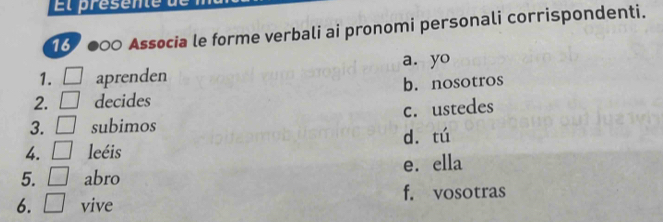 16 ●∞ Associa le forme verbali ai pronomi personali corrispondenti.
a. yo
1. aprenden
2. decides b. nosotros
3. subimos c. ustedes
4. leéis dī tú
5. abro e. ella
f. vosotras
6. vive