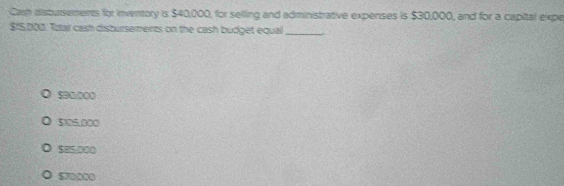 Cash distursements for inventory is $40,000, for selling and administrative expenses is $30,000, and for a capital expe
$15,000. Total cash disbursements on the cash budget equal_
5B0,000
$105,000
$85,000
$70000