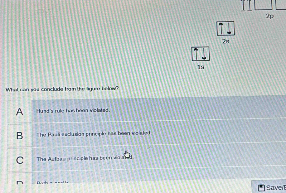 frac 1 □ /2n 

2s
1s
What can you conclude from the figure below?
A Hund's rule has been violated.
B The Pauli exclusion principle has been violated.
C The Aufbau principle has been violated.
Roth h
Save/
