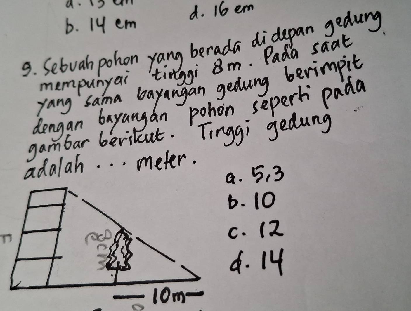 a sam
d. 16 em
b. 1y em
9. Sebvah pohon yang berada didepan gedung
mempunyai `tinggi ¢m. Pada saat
yang sama bayangan gedung berimpit
dengan bayangan pohon seperk pada
gambar berikut. Tinggi gedung
adalah. . . meter.
a. 5, 3 . 10
T. 12 . 14