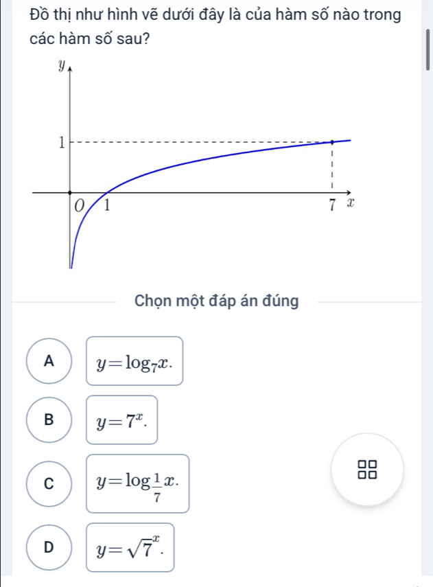 Đồ thị như hình vẽ dưới đây là của hàm số nào trong
các hàm số sau?
Chọn một đáp án đúng
A y=log _7x.
B y=7^x.
C y=log  1/7 x.
D y=sqrt 7^x.