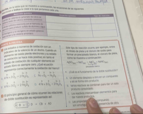 Eq tribe, en la tábía que se muestre a continuación, las ecusciones de ls siguientes
indica la clase a la que pertenece ca
PONTE A PRUEBA
O las estados o números de oxidación son un Este tipo de reacción ocurre, por ejemplo, entre
indicativo de la valencía de un átomo. Cuando un
memento se cxida pierde electrones y sa estado el citrato de plata y el cloruro de sodío para
de oxidación se hace más positivo; en tanto el formar un precipitado blanco, el cioruro de plata.
estado de oxidación de cualquier elemento en como se muestra a continuación:
estado libre es siempre cero. ¿Quê ecuación AgNO_300+NaCl_200to AgCl_(S1)2+HBrO_200
representa correctamente la oxidación del hlerro? procpião tano
3 11 。 9 3+ 2-  ¿Cul) es el fundamento de la doble sustitución?
A Afe+3O_2to 2Fe_2O_3 C Fe+O_2to Fe_2O_3 A. Un elemento desplaza a otro en un compuesto
D. 4Fe+3O_2to 2Fe_2O_3 8. Marlos reactivos se combinan para dar un solo
B. 4Fe+3O_2to 2Fe_2O_3 ē ā 2+3
D= 3+2 y asl se forma otro producto.
producto consolidado.
# El principio general de cômo ocurren las relaciones C. Los reactivos intercambian elementos para
de doble sustitución es representado así: dar nuevos produçtos
A B+CDto CB+AD D  Las propiedad compuesto
son amortigu presencía de otro.