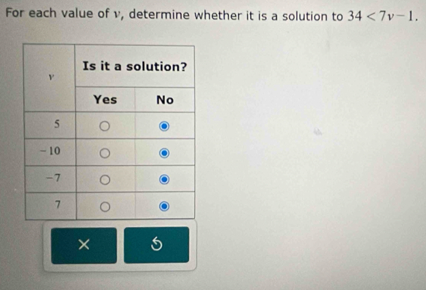 For each value of v, determine whether it is a solution to 34<7v-1</tex>. 
× 5