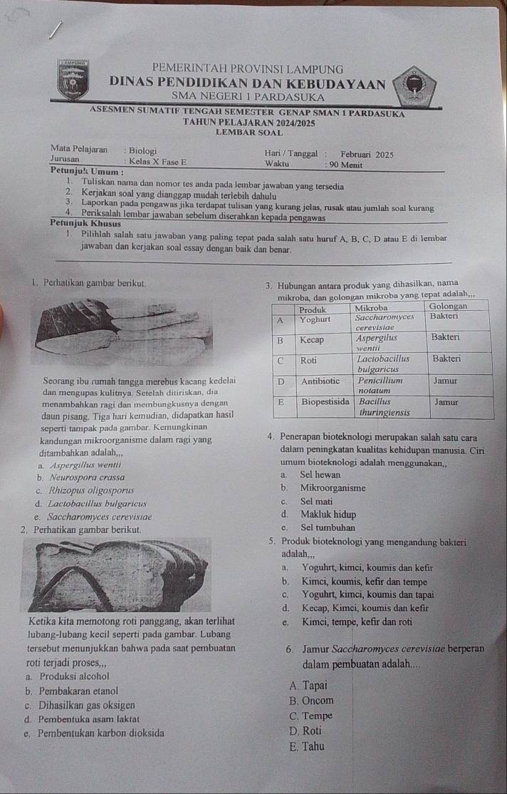 PEMERINTAH PROVINSI LAMPUNG
DINAS PENDIDIKAN DAN KEBUDAYAAN
SMA NEGERI 1 PARDASUKA
ASESMEN SUMATIF TENGAH SEMESTER GENAP SMAN 1 PARDASUKA
TAHUN PELAJARAN 2024/2025
LEMBAR SOAL
Mata Pelajaran : Biologi Hari / Tanggal Februari 2025
Jurusan : Kelas X Fase E Waktu 90 Menit
Petunjuk Umum :
1. Tuliskan nama dan nomor tes anda pada lembar jawaban yang tersedia
2. Kerjakan soal yang dianggap mudah terlebih dahulu
3. Laporkan pada pengawas jika terdapat tulisan yang kurang jelas, rusak atau jumlah soal kurang
4. Periksalah lembar jawaban sebelum diserahkan kepada pengawas
Petunjuk Khusus
l. Pilihlah salah satu jawaban yang paling tepat pada salah satu huruf A, B, C, D atau E di lembar
jawaban dan kerjakan soal essay dengan baik dan benar.
1. Perhatikan gambar berikut 3. Hubungan antara produk yang dihasilkan, nama
yang tepat adalah,,,
Seorang ibu rumah tangga merebus kacang kedelai
dan mengupas kulitnya. Setelah ditiriskan, dia
menambahkan ragi dan membungkusnya dengan
daun pisang. Tiga hari kemudian, didapatkan hasil
seperti tampak pada gambar. Kemungkinan
kandungan mikroorganisme dalam ragi yang 4. Penerapan bioteknologi merupakan salah satu cara
ditambahkan adalah,, dalam peningkatan kualitas kehidupan manusia. Ciri
a. Aspergillus wentii umum bioteknologi adalah menggunakan,,
b. Neurospora crassa a. Sel hewan
c. Rhizopus oligosporus b. Mikroorganisme
d. Lactobacillus bulgaricus c. Sel mati
e. Saccharomyces cerevisiae d. Makluk hidup
2. Perhatikan gambar berikut. c. Sel tumbuhan
5. Produk bioteknologi yang mengandung bakteri
adalah,,,
a. Yoguhrt, kimci, koumis dan kefir
b. Kimci, koumis, kefir dan tempe
c. Yoguhrt, kimci, koumis dan tapai
d. Kecap, Kimci, koumis dan kefir
Ketika kita memotong roti panggang, akan terlihat e. Kimci, tempe, kefir dan roti
lubang-lubang kecil seperti pada gambar. Lubang
tersebut menunjukkan bahwa pada saat pembuatan 6. Jamur Saccharomyces cerevisiae berperan
roti terjadi proses,,, dalam pembuatan adalah...
a. Produksi alcohol
b. Pembakaran etanol A. Tapai
c. Dihasilkan gas oksigen B. Oncom
d. Pembentuka asam laktat C. Tempe
e. Pembentukan karbon dioksida D. Roti
E. Tahu