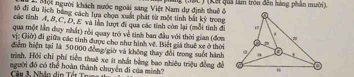 lng (3BC) (Kết quả lâm tròn đến hàng phân mười). 
Một người khách nước ngoài sang Việt Nam dự định thuê ô 
tô đi du lịch bằng cách lựa chọn xuất phát từ một tinh bất kỳ trong 
các tỉnh A, B, C, D, E và lần lượt đi qua các tỉnh còn lại (mỗi tỉnh đi 
qua một lần duy nhất) rồi quay trở về tinh ban đầu với thời gian (đơn 
vị: Giờ) đi giữa các tỉnh được cho như hình vẽ. Biết giá thuê xe ở thời 
điểm hiện tại là 50000 đồng/giờ và không thay đổi trong suốt hành 
trình. Hỏi chi phí tiền thuê xe ít nhất bằng bao nhiêu triệu đồng để 
người đó có thể hoàn thành chuyến đi của mình? 
Câu 3. Nhân dip Tết Trun