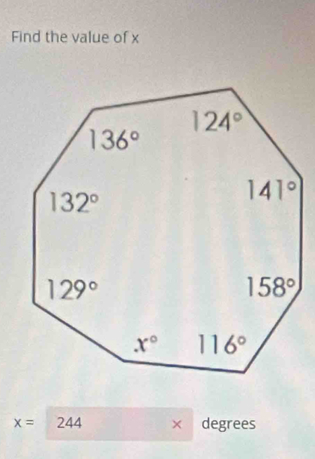 Find the value of x
x= 244 × . degrees