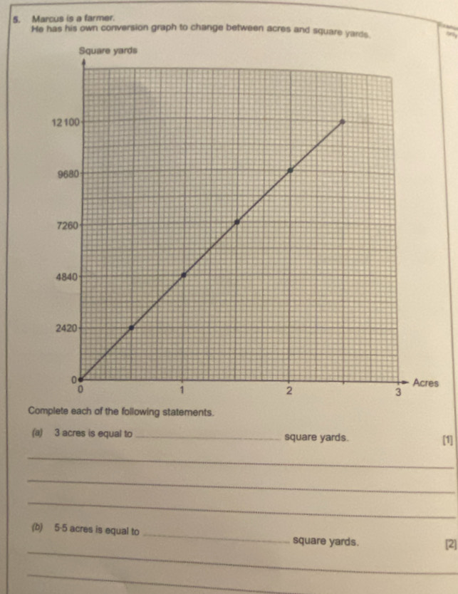 Marcus is a farmer. 
He has his own conversion graph to change between acres and squar 
., 
s 
Complete each of the following statements. 
(a) 3 acres is equal to_ square yards. [1] 
_ 
_ 
_ 
_ 
(b) 5-5 acres is equal to_ square yards. 
[2] 
_ 
_