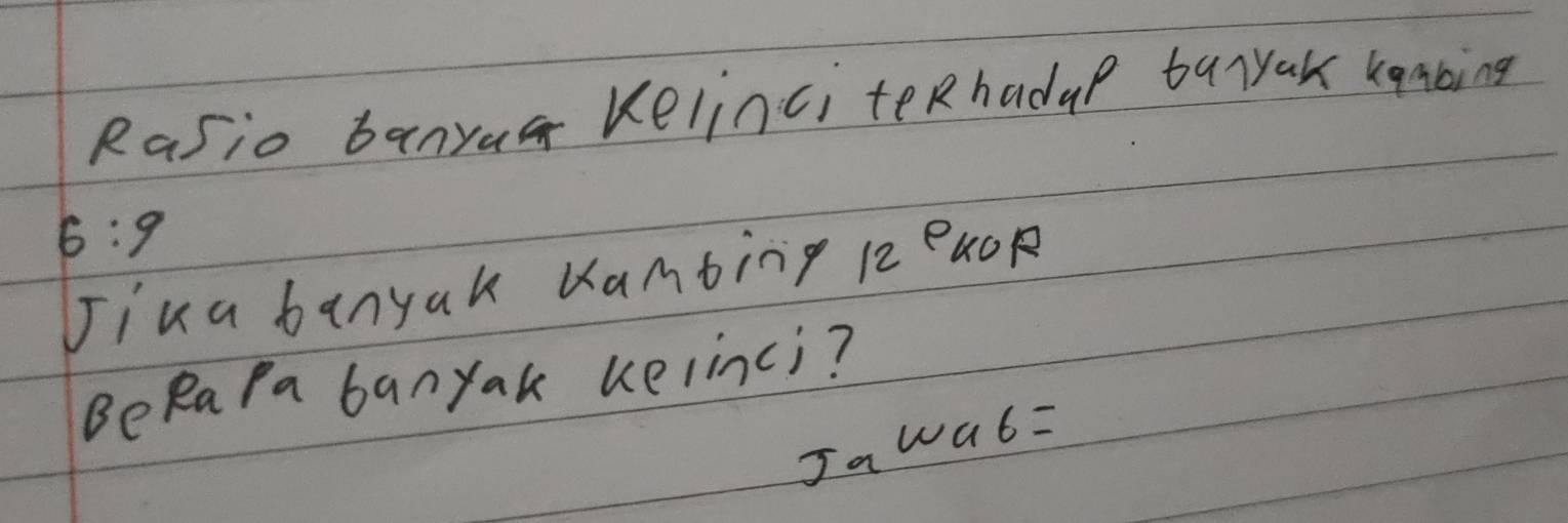 Rasio banyua Kelinci teRhadup turyak kgabing
6:9
Jika banyak Kambing 2 PUOR 
BeRaPa banYak kelinci? 
Jawa 6=