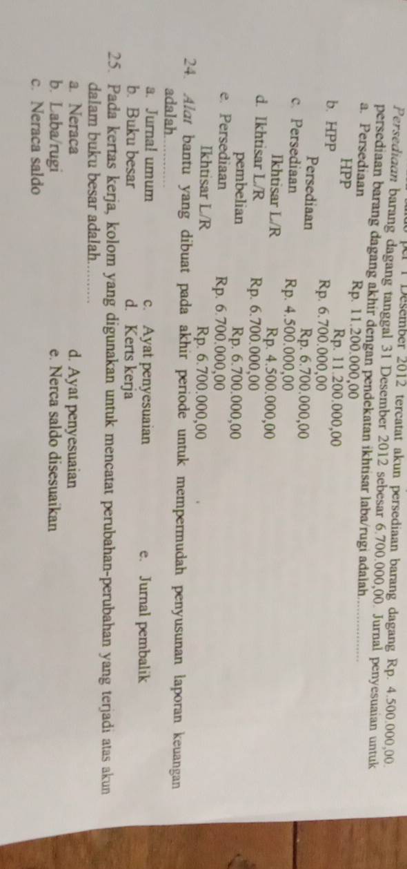 Desember 2012 tercatat akun persediaan barang dagang Rp. 4.500.000,00.
Persedidan barang dagang tanggal 31 Desember 2012 sebesar 6.700.000,00. Jurnal penyesuaian untuk
persediaan barang dagang akhir dengan pendekatan ikhtisar laba/rugi adalah.........
a. Persediaan Rp. 11.200.000,00
HPP Rp. 11.200.000,00
b. HPP Rp. 6.700.000,00
Persediaan Rp. 6.700.000,00
c. Persediaan Rp. 4.500.000,00
Ikhtisar L/R Rp. 4.500.000,00
d. Ikhtisar L/R Rp. 6.700.000,00
pembelian Rp. 6.700.000,00
e. Persediaan Rp. 6.700.000,00
Ikhtisar L/R Rp. 6.700.000,00
24. Alat bantu yang dibuat pada akhir periode untuk mempermudah penyusunan laporan keuangan
adalah
a. Jurnal umum c. Ayat penyesuaian e. Jurnal pembalik
b. Buku besar d. Kerts kerja
25. Pada kertas kerja, kolom yang digunakan untuk mencatat perubahan-perubahan yang terjadi atas akun
dalam buku besar adalah. .…….
a. Neraca d. Ayat penyesuaian
b. Laba/rugi e. Nerca saldo disesuaikan
c. Neraca saldo