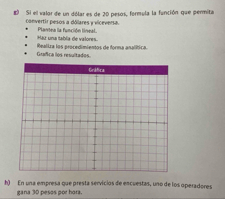 Si el valor de un dólar es de 20 pesos, formula la función que permita 
convertir pesos a dólares y viceversa. 
Plantea la función lineal. 
Haz una tabla de valores. 
Realiza los procedimientos de forma analítica. 
Grafica los resultados. 
h) En una empresa que presta servicios de encuestas, uno de los operadores 
gana 30 pesos por hora.