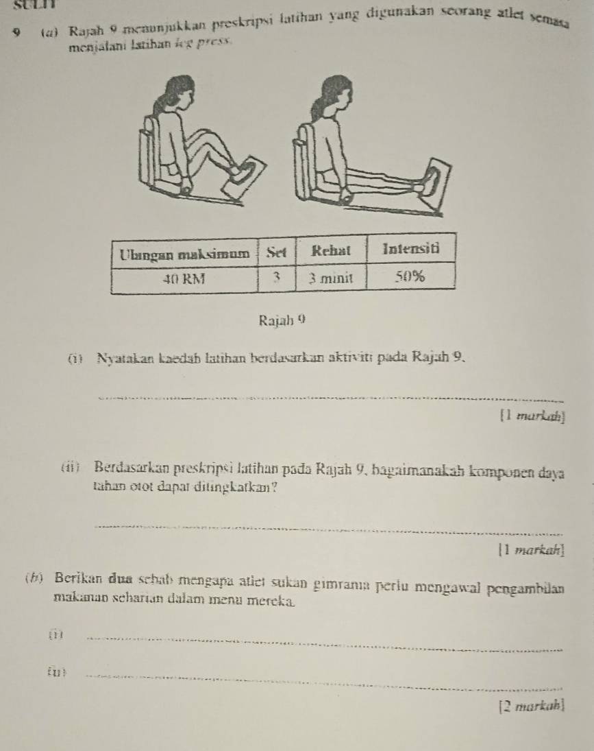 suln 
9 (a) Rajah 9 meaunjukkan preskripsi latihan yang digunakan seorang atlet semasa 
menialani latihan leg ress . 
Ülangan maksimum Set Rehat Intensiti
40 RM 3 3 minit 50%
Rajah 9 
(1) Nyatakan kaedah latihan berdasarkan aktiviti pada Rajah 9. 
_ 
[1 markah] 
(i) Berdasarkan preskripsi latihan pađa Rajah 9, bagaimanakah komponen daya 
tahan otot dapat ditingkatkan? 
_ 
[1 markah] 
(#) Berikan dua schab mengapa atlet sukan gimranıa perlu mengawal pengambilan 
makanan seharíán dałam menu mereka. 
_ 
(u)_ 
[2 markah]