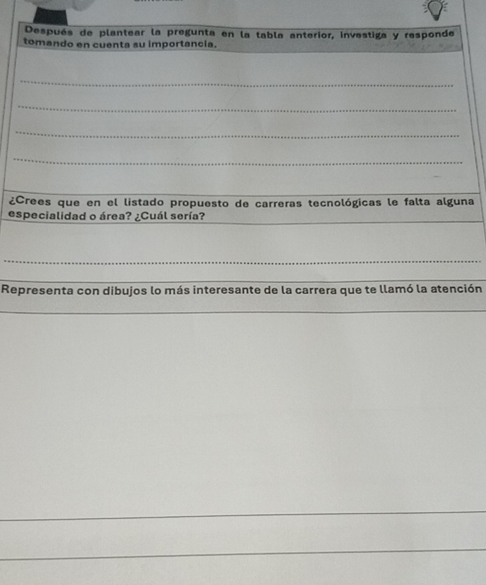 Después de plantear la pregunta en la tabla anterior, investiga y responde 
tomando en cuenta su importancia. 
_ 
_ 
_ 
_ 
¿Crees que en el listado propuesto de carreras tecnológicas le falta alguna 
_ 
especialidad o área? ¿Cuál sería? 
_ 
Representa con dibujos lo más interesante de la carrera que te llamó la atención 
_ 
_