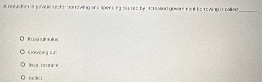 A reduction in private sector borrowing and spending caused by increased government borrowing is called_ .
fiscal stimulus
crowding out
fiscal restraint
deficit