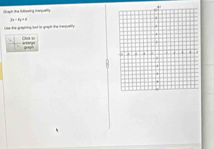 Graph the following inequelity
2x-4y>4
Use the graphing tool to graph the inequality. 
Click to 
enlarge 
graph