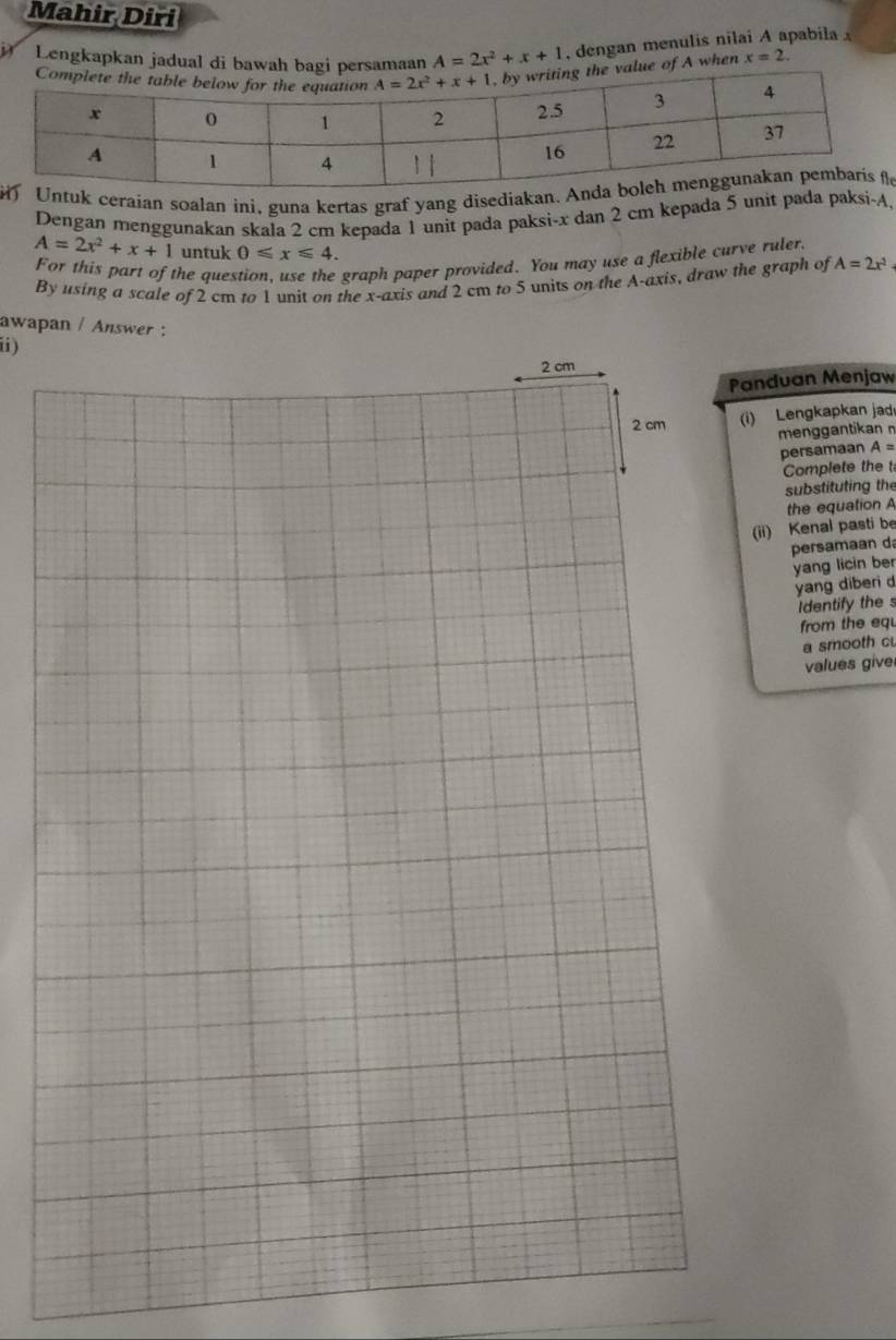 Mahir Diri
a Lengkapkan jadual di bawasamaan A=2x^2+x+1 , dengan menulis nilai A apabila 
of A when x=2.
tuk ceraian soalan ini, guna kertas graf yang disediakane
Dengan menggunakan skala 2 cm kepada 1 unit pada paksi-x dan 2 cm kepada 5 unit pada paksi-A,
A=2x^2+x+1 untuk 0≤slant x≤slant 4.
For this part of the question, use the graph paper provided. You may use a flexible curve ruler,
By using a scale of 2 cm to 1 unit on the x-axis and 2 cm to 5 units on the A-axis, draw the graph of A=2x^2
awapan / Answer :
i)
anduan Menjaw
i) Lengkapkan jad
menggantikan n
persamaan A=
Complete the t
substituting the
the equation A
(ii) Kenal pasti be
persamaan d
yang licin ber
yang diberi d
Identify the s
from the eq
a smooth cu
values give
_