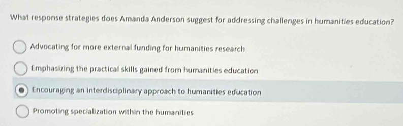 What response strategies does Amanda Anderson suggest for addressing challenges in humanities education?
Advocating for more external funding for humanities research
Emphasizing the practical skills gained from humanities education
Encouraging an interdisciplinary approach to humanities education
Promoting specialization within the humanities