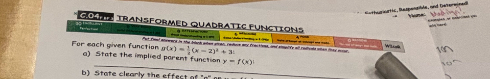 nthusiastic, Responsible, and Determined 
Name: 
examaões, or exércides you 
C04A TRANSFORMED QUADRATIC FUNCTIONS 
10 ºxceLleNt 
lets herd 
Perfection B SATESPACTORY 6 MDIOCR 
Rood Understanding w 1 CFC Soma Underatanding e 1 ce Volid attenpt af concept one made 4 Po0s his real stremgt we malle . à Ma 
Put final answers in the blank when given, reduce any fractions, and simplify all rodicals when they occur, WIcoR 
For each given function g(x)= 1/2 (x-2)^2+3 : 
_ 
a) State the implied parent function y=f(x)
b) State clearly the effect of "n"