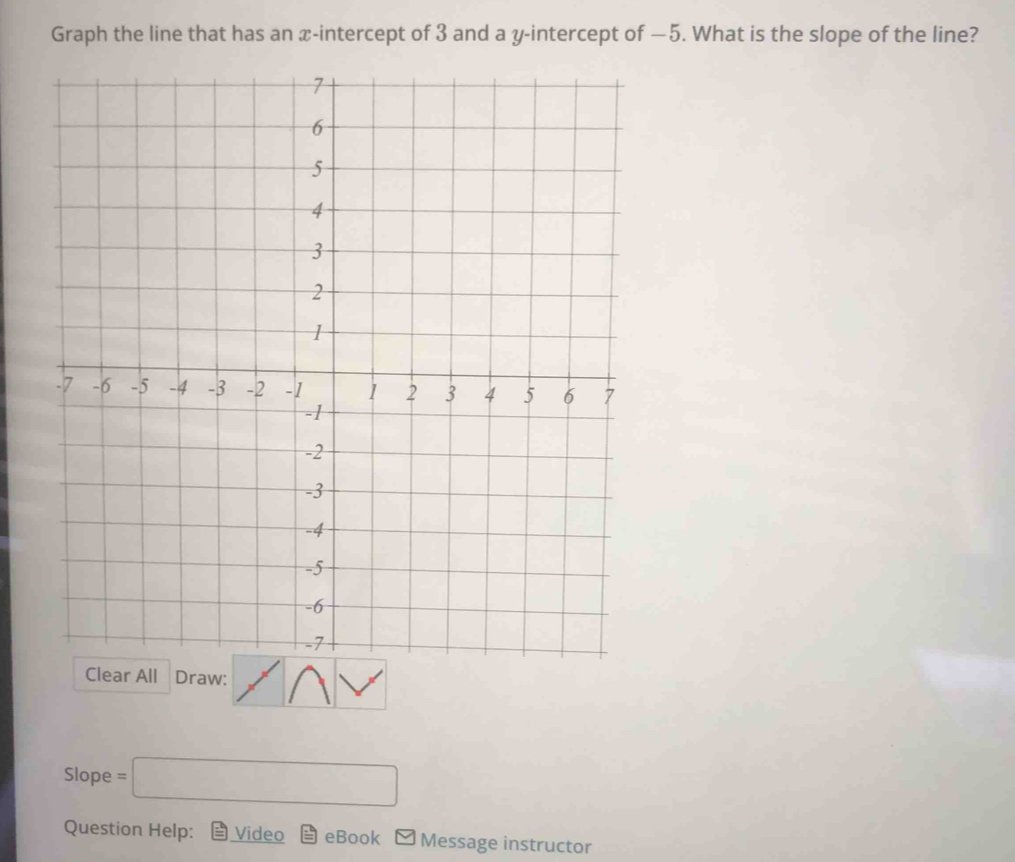 Graph the line that has an x-intercept of 3 and a y-intercept of —5. What is the slope of the line? 
Draw:
Slope = □
Question Help: Video eBook Message instructor