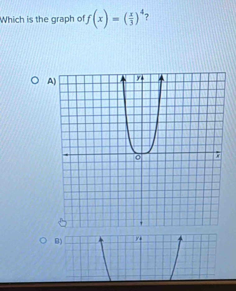 Which is the graph of f(x)=( x/3 )^4 ? 
A) 
B)
y