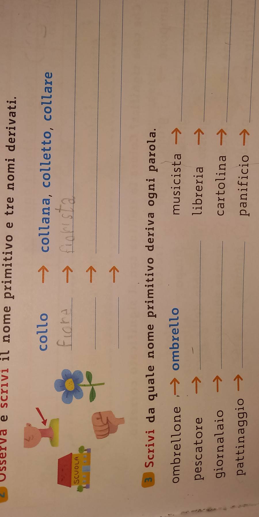 Osserva e scrıvi il nome primitivo e tre nomi derivati. 
collo collana, colletto, collare 
_ 
_ 
__ 
__ 
3 Scrivi da quale nome primitivo deriva ogni parola. 
ombrellone ombrello musicista_ 
_ 
pescatore _libreria 
_ 
giornalaio _cartolina 
_ 
pattinaggio_ 
panificio