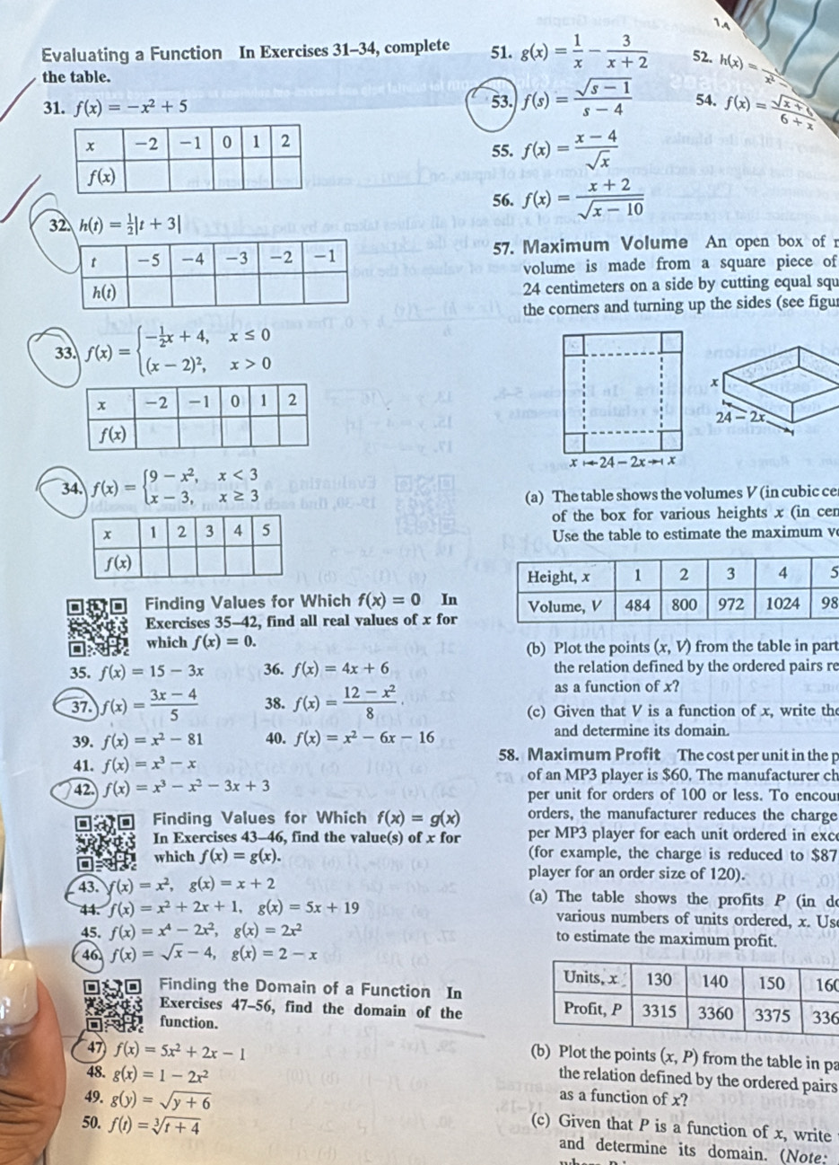 Evaluating a Function In Exercises 31-34, complete 51. g(x)= 1/x - 3/x+2  52. h(x)= sqrt()/x^2 
the table.
53. f(s)= (sqrt(s-1))/s-4  54.
31. f(x)=-x^2+5 f(x)= (sqrt(x+1))/6+x 
55. f(x)= (x-4)/sqrt(x) 
56. f(x)= (x+2)/sqrt(x-10) 
32 h(t)= 1/2 |t+3|
57. Maximum Volume An open box of r
volume is made from a square piece of
24 centimeters on a side by cutting equal squ
the corners and turning up the sides (see figu
33. f(x)=beginarrayl - 1/2 x+4,x≤ 0 (x-2)^2,x>0endarray.
xto 24-2xto -1x
34. f(x)=beginarrayl 9-x^2,x<3 x-3,x≥ 3endarray.
(a) The table shows the volumes V (in cubic ce
of the box for various heights x (in cen
Use the table to estimate the maximum v
Finding Values for Which f(x)=0 In8
Exercises 35-42, find all real values of x for
which f(x)=0.
(b) Plot the points (x,V) from the table in part
35. f(x)=15-3x 36. f(x)=4x+6 the relation defined by the ordered pairs re
as a function of x?
37. f(x)= (3x-4)/5  38. f(x)= (12-x^2)/8 · (c) Given that V is a function of x, write the
39. f(x)=x^2-81 40. f(x)=x^2-6x-16 and determine its domain.
41. f(x)=x^3-x
58. Maximum Profit The cost per unit in the p
of an MP3 player is $60. The manufacturer ch
42. f(x)=x^3-x^2-3x+3 per unit for orders of 100 or less. To encou
Finding Values for Which f(x)=g(x) orders, the manufacturer reduces the charge
In Exercises 43-46, find the value(s) of x for per MP3 player for each unit ordered in exc
. which f(x)=g(x). (for example, the charge is reduced to $87
player for an order size of 120).
43. f(x)=x^2,g(x)=x+2 (a) The table shows the profits P (in do
44. f(x)=x^2+2x+1,g(x)=5x+19 various numbers of units ordered, x. Us
45. f(x)=x^4-2x^2,g(x)=2x^2 to estimate the maximum profit.
46 f(x)=sqrt(x)-4,g(x)=2-x
Finding the Domain of a Function In0
Exercises 47-56, find the domain of the 
OR function. 6
47) f(x)=5x^2+2x-1
(b) Plot the points (x,P) from the table in pa
the relation defined by the ordered pairs
48. g(x)=1-2x^2 as a function of x?
49. g(y)=sqrt(y+6) (c) Given that P is a function of x, write
50. f(t)=sqrt[3](t+4) and determine its domain. (Note: