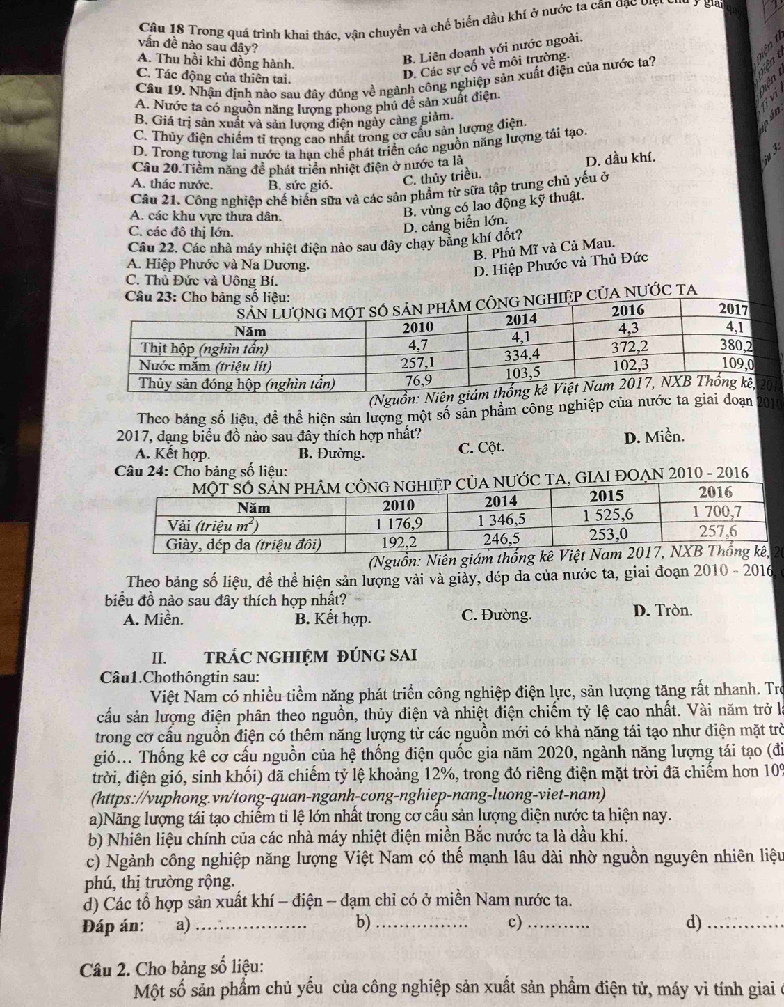 Trong quá trình khai thác, vận chuyển và chế biến dầu khí ở nước ta cân đạc Điệt củ
vấn đề nào sau đây?
A. Thu hồi khi đồng hành.
B. Liên doanh với nước ngoài.
C. Tác động của thiên tai.
D. Các sự cố về môi trường.
Câu 19. Nhận định nào sau đây đúng về ngành công nghiệp sản xuất điện của nước ta?

A. Nước ta có nguồn năng lượng phong phủ để sản xuất điện.
vī
B. Giá trị sản xuất và sản lượng điện ngày càng giảm.
S
C. Thủy điện chiếm tỉ trong cao nhất trong cơ cấu sản lượng điện
D. Trong tương lai nước ta han chế phát triển các nguồn năng lượng tái tạo.
Câu 20.Tiềm năng để phát triển nhiệt điện ở nước ta là
A. thác nước. B. sức gió. C. thủy triều. D. dầu khí.
Câu 21. Công nghiệp chế biến sữa và các sản phẩm từ sữa tập trung chủ yếu ở
A. các khu vực thưa dân.
B. vùng có lao động kỹ thuật.
C. các đô thị lớn.
D. cảng biển lớn.
Câu 22. Các nhà máy nhiệt điện nào sau đây chạy bằng khí đốt?
B. Phú Mĩ và Cà Mau.
A. Hiệp Phước và Na Dương.
D. Hiệp Phước và Thủ Đức
C. Thủ Đức và Uông Bí.
ỆP CủA NƯỚC TA
Câu 23:
(Nguồ
Theo bảng số liệu, để thể hiện sản lượng một số sản phẩm công nghiệp của nước ta giai đoạn 2010
2017, dạng biểu đồ nào sau đây thích hợp nhất? D. Miền.
A. Kết hợp. B. Đường. C. Cột.
Câu 24: Cho bảng số liệu:
ƯỚC TA, GIAI ĐOẠN 2010 - 2016
(Nguồn: Niên g0
Theo bảng số liệu, để thể hiện sản lượng vải và giảy, dép da của nước ta, giai đoạn 2010 - 2016
biểu đồ nào sau đây thích hợp nhất?
A. Miền. B. Kết hợp. C. Đường. D. Tròn.
II. TRÁC NGHIỆM ĐÚNG SAI
Câu1.Chothôngtin sau:
Việt Nam có nhiều tiềm năng phát triển công nghiệp điện lực, sản lượng tăng rất nhanh. Trò
cầu sản lượng điện phân theo nguồn, thủy điện và nhiệt điện chiếm tỷ lệ cao nhất. Vài năm trở là
trong cơ cấu nguồn điện có thêm năng lượng từ các nguồn mới có khả năng tái tạo như điện mặt trò
gió... Thống kê cơ cấu nguồn của hệ thống điện quốc gia năm 2020, ngành năng lượng tái tạo (đi
trời, điện gió, sinh khối) đã chiếm tỷ lệ khoảng 12%, trong đó riêng điện mặt trời đã chiếm hơn 10%
(https://vuphong.vn/tong-quan-nganh-cong-nghiep-nang-luong-viet-nam)
a)Năng lượng tái tạo chiếm tỉ lệ lớn nhất trong cơ cấu sản lượng điện nước ta hiện nay.
b) Nhiên liệu chính của các nhà máy nhiệt điện miền Bắc nước ta là dầu khí.
c) Ngành công nghiệp năng lượng Việt Nam có thế mạnh lâu dài nhờ nguồn nguyên nhiên liệu
phú, thị trường rộng.
d) Các tổ hợp sản xuất khí - điện - đạm chỉ có ở miền Nam nước ta.
Đáp án: a) _b) _c) _d)_
Câu 2. Cho bảng số liệu:
Một số sản phẩm chủ yếu của công nghiệp sản xuất sản phẩm điện tử, máy vi tính giai ở