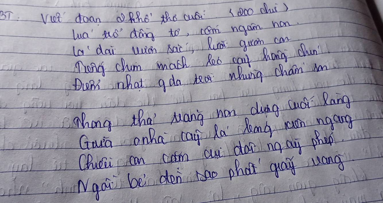 BT. VLt doan aRho' the cuá lQ0 dui ) 
lua' uó' dong to, cam ngam hon. 
ladai wiáh Bai Ruà quān can 
Mony chum mach Reo cay Zong clun 
Dens what gda te whung chain am 
Whong tha' Mang hon dung cuci Rang 
Gaia onha cai Ra Rang ron ngang 
Qhuei can cam ci dài ng āj phan 
Ngai bei den ao phat gay mang