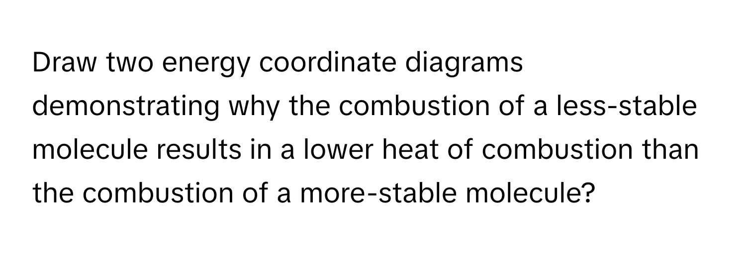 Draw two energy coordinate diagrams demonstrating why the combustion of a less-stable molecule results in a lower heat of combustion than the combustion of a more-stable molecule?