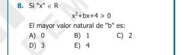 Si '' x '' ∈ R
x^2+bx+4>0
El mayor valor natural de "b" es:
A) 0 B) 1 C) 2
D) 3 E) 4