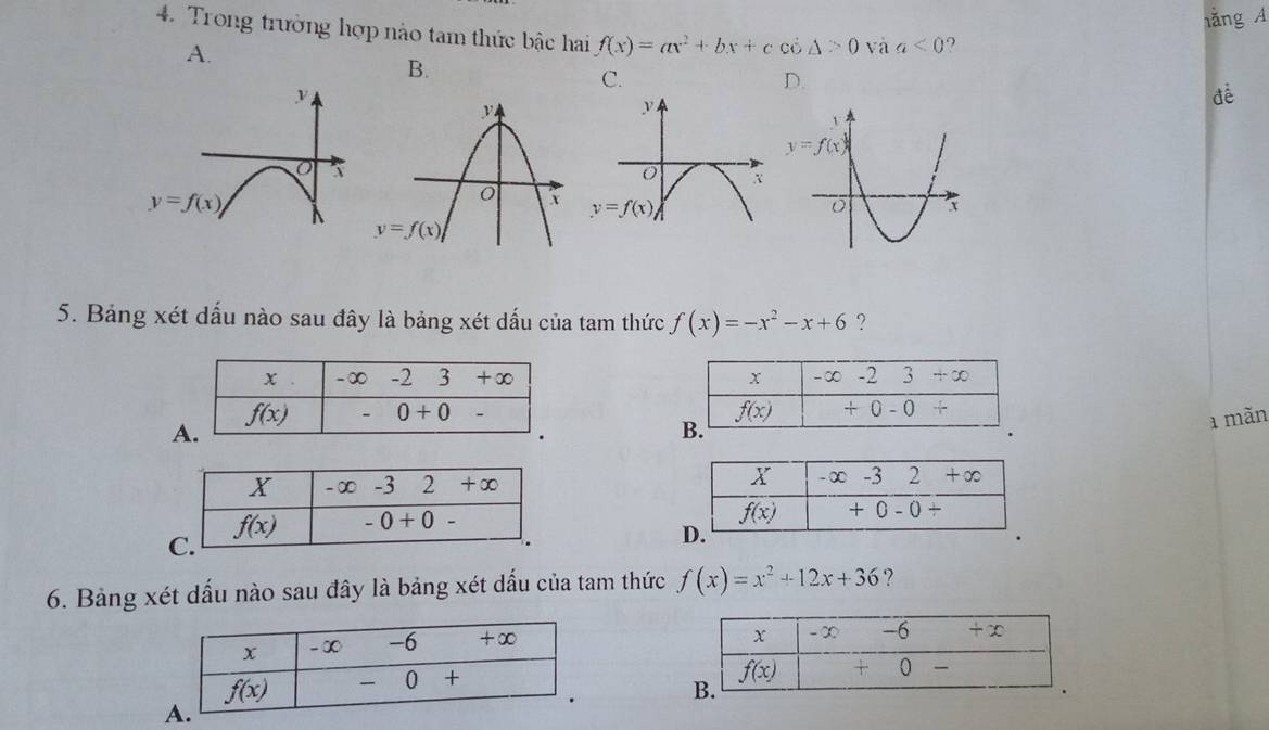 hǎng A
4. Trong trường hợp nào tam thức bậc hai f(x)=ax^2+bx+c có △ >0 và a<0</tex> ?
A.
B.
C.
D.
y
dé
y=f(x) λ
5. Bảng xét dấu nào sau đây là bảng xét dấu của tam thức f(x)=-x^2-x+6 ?
 
 
a mãn
6. Bảng xét dấu nào sau đây là bảng xét dấu của tam thức f(x)=x^2+12x+36 ?