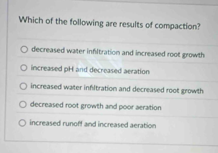 Which of the following are results of compaction?
decreased water infltration and increased root growth
increased pH and decreased aeration
increased water infltration and decreased root growth
decreased root growth and poor aeration
increased runoff and increased aeration