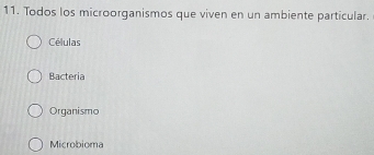 Todos los microorganismos que viven en un ambiente particular.
Células
Bacteria
Organismo
Microbioma