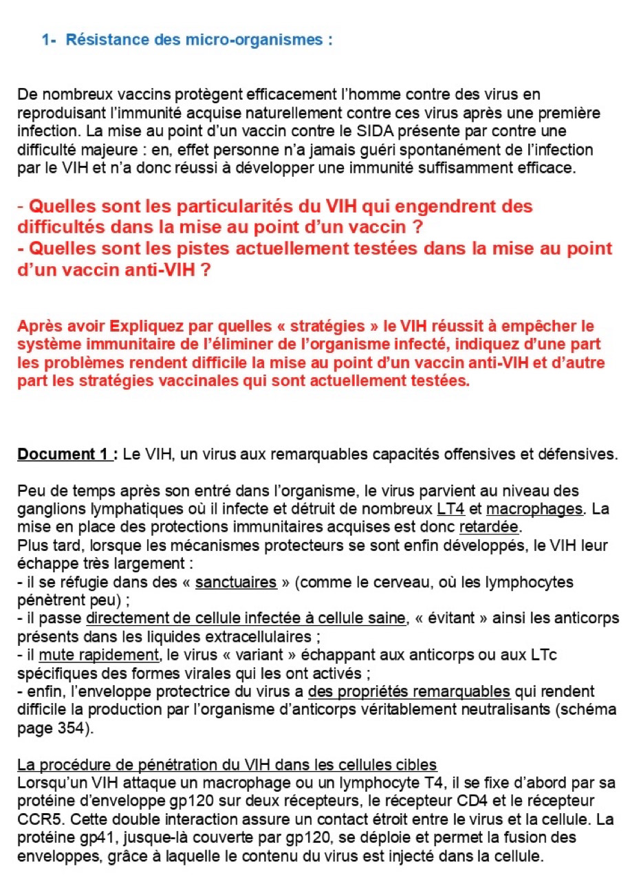 1- Résistance des micro-organismes :
De nombreux vaccins protègent efficacement l'homme contre des virus en
reproduisant l'immunité acquise naturellement contre ces virus après une première
infection. La mise au point d'un vaccin contre le SIDA présente par contre une
difficulté majeure : en, effet personne n'a jamais guéri spontanément de l'infection
par le VIH et n'a donc réussi à développer une immunité suffisamment efficace.
- Quelles sont les particularités du VIH qui engendrent des
difficultés dans la mise au point d'un vaccin ?
- Quelles sont les pistes actuellement testées dans la mise au point
d'un vaccin anti-VIH ?
Après avoir Expliquez par quelles « stratégies » le VIH réussit à empêcher le
système immunitaire de l'éliminer de l'organisme infecté, indiquez d'une part
les problèmes rendent difficile la mise au point d'un vaccin anti-VIH et d'autre
part les stratégies vaccinales qui sont actuellement testées.
Document 1 : Le VIH, un virus aux remarquables capacités offensives et défensives.
Peu de temps après son entré dans l'organisme, le virus parvient au niveau des
ganglions lymphatiques où il infecte et détruit de nombreux LT4 et macrophages. La
mise en place des protections immunitaires acquises est donc retardée.
Plus tard, lorsque les mécanismes protecteurs se sont enfin développés, le VIH leur
échappe très largement :
- il se réfugie dans des « sanctuaires » (comme le cerveau, où les lymphocytes
pénètrent peu) ;
- il passe directement de cellule infectée à cellule saine, « évitant » ainsi les anticorps
présents dans les liquides extracellulaires ;
- il mute rapidement, le virus « variant » échappant aux anticorps ou aux LTc
spécifiques des formes virales qui les ont activés ;
- enfin, l'enveloppe protectrice du virus a des propriétés remarquables qui rendent
difficile la production par l'organisme d'anticorps véritablement neutralisants (schéma
page 354).
La procédure de pénétration du VIH dans les cellules cibles
Lorsqu'un VIH attaque un macrophage ou un lymphocyte T4, il se fixe d'abord par sa
protéine d'enveloppe gp120 sur deux récepteurs, le récepteur CD4 et le récepteur
CCR5. Cette double interaction assure un contact étroit entre le virus et la cellule. La
protéine gp41, jusque-là couverte par gp120, se déploie et permet la fusion des
enveloppes, grâce à laquelle le contenu du virus est injecté dans la cellule.