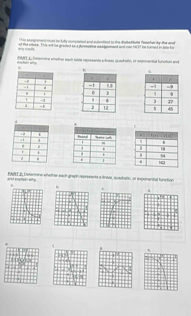 This assignment must be fully completed and submitted to the Substitute Teacher by the end
of the cless. This will be graded as a formative assignment and can NOT be turned in late for
any credit.
PART 1 Determine whether each table represents a linear, quadratic, or exponential function and
explain why.
α.
b.
  
 
 
f.
  
 
 
PART 2; Determine whether each graph represents a linear, quadratic, or exponential function
and explain why.
a.
b.
c.
d.
o.
1.
6 
a