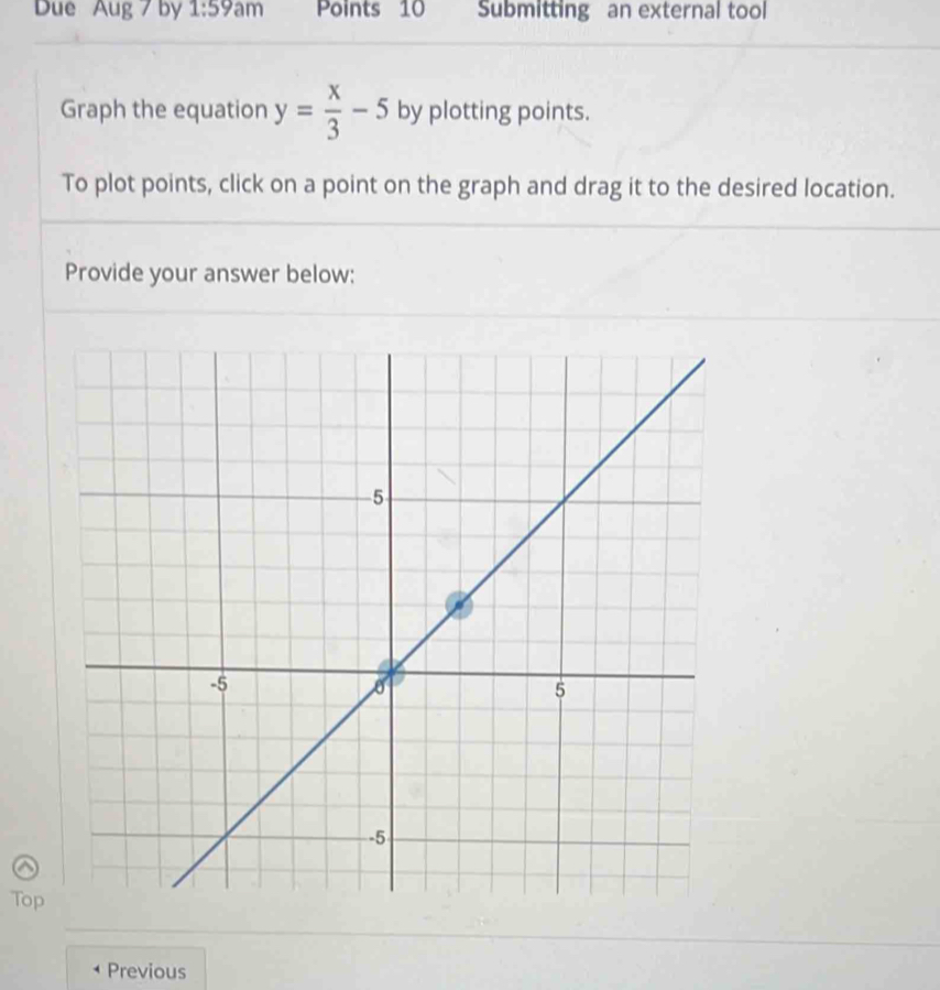 Due Aug 7 by 1:59a m Points 10 Submitting an external tool 
Graph the equation y= x/3 -5 by plotting points. 
To plot points, click on a point on the graph and drag it to the desired location. 
Provide your answer below: 
Top 
` Previous