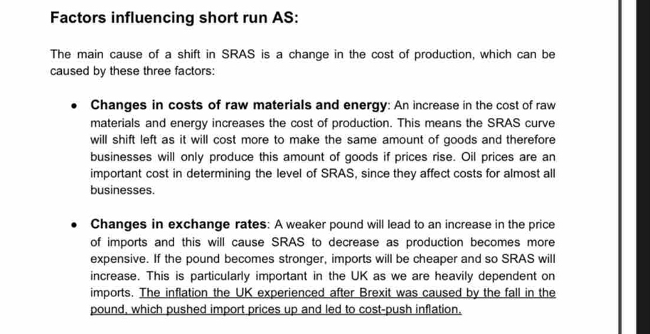 Solved: Factors influencing short run AS: The main cause of a shift in ...