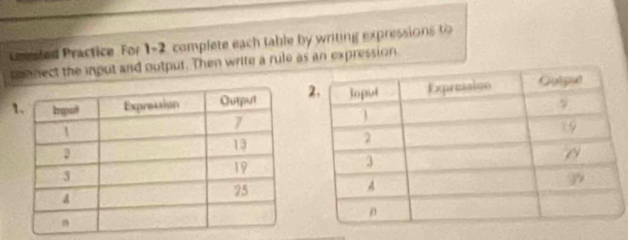 ualed Practice. For 1-2 complete each table by writing expressions to 
connect the iput and output. Then write a rule as an expression