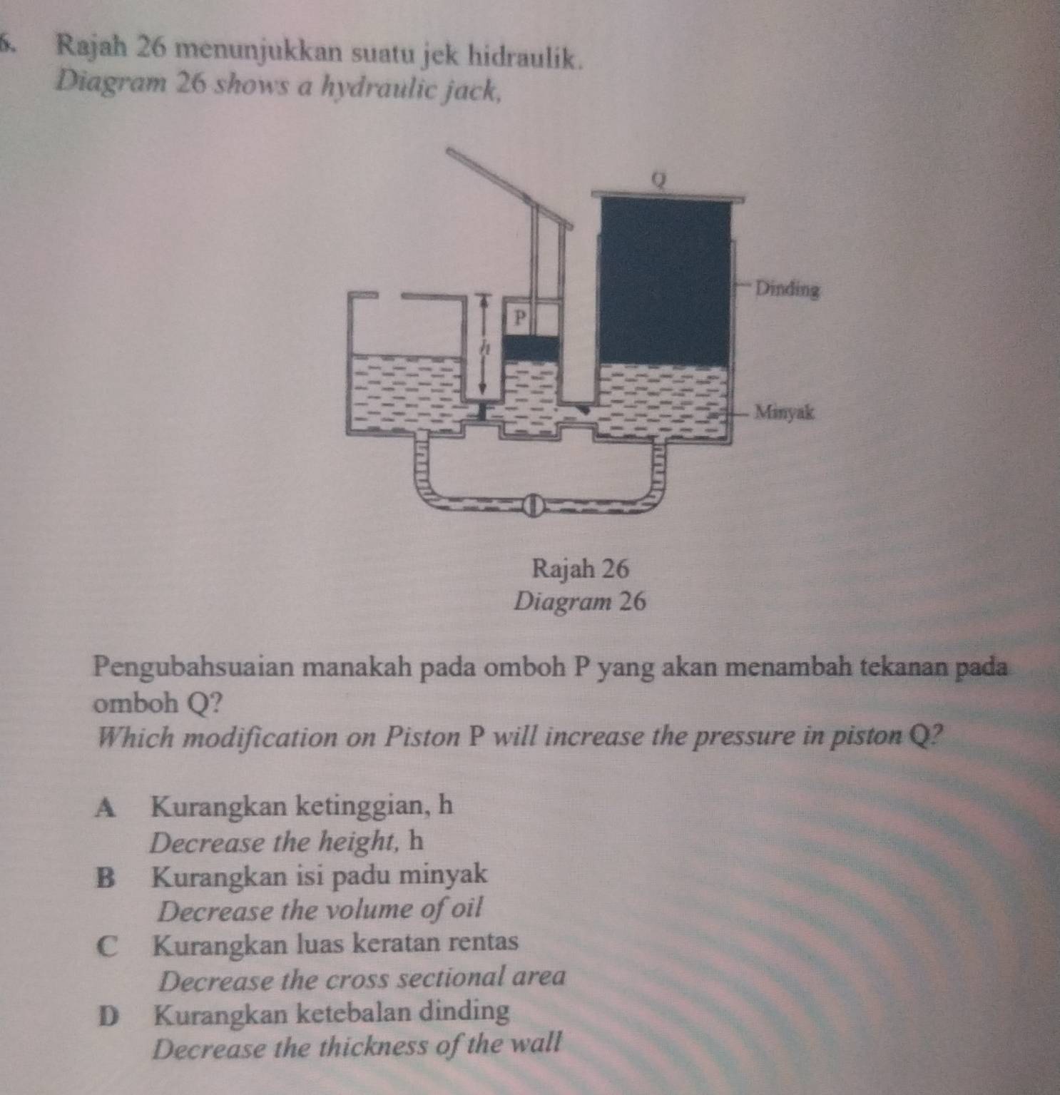 Rajah 26 menunjukkan suatu jek hidraulik.
Diagram 26 shows a hydraulic jack,
Pengubahsuaian manakah pada omboh P yang akan menambah tekanan pada
omboh Q?
Which modification on Piston P will increase the pressure in piston Q?
A Kurangkan ketinggian, h
Decrease the height, h
B Kurangkan isi padu minyak
Decrease the volume of oil
C Kurangkan luas keratan rentas
Decrease the cross sectional area
D Kurangkan ketebalan dinding
Decrease the thickness of the wall