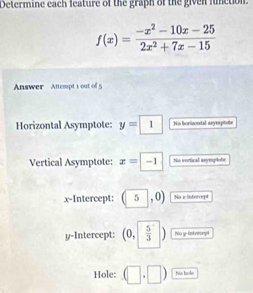 Determine each feature of the graph of the given function.
f(x)= (-x^2-10x-25)/2x^2+7x-15 
Answer Attempt 1 out of 5 
Horizontal Asymptote: y=| 1 No horizontal asymptote 
Vertical Asymptote: x=-1 No vertical asymptote 
x-Intercept: (5,0) No x-intercept 
y-Intercept: (0, 5/3 ) No y-intercept 
Hole: No hole