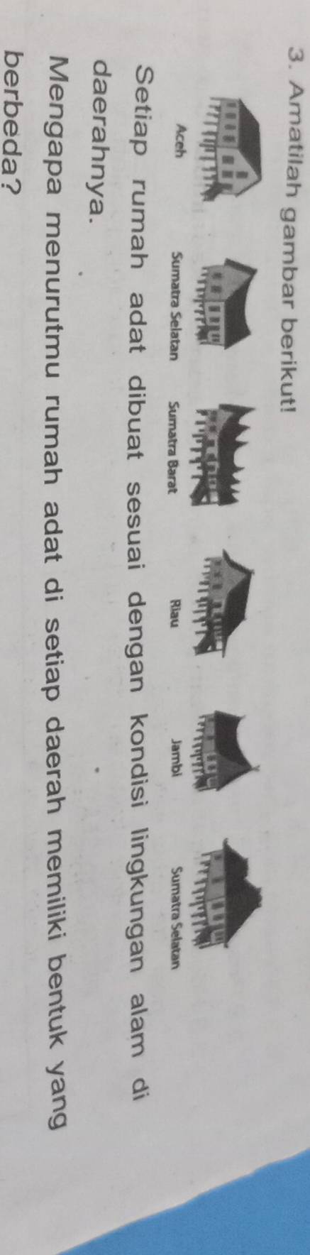 Amatilah gambar berikut!
Aceh Sumatra Selatan Sumatra Barat Riau Jambi Sumatra Selatan
Setiap rumah adat dibuat sesuai dengan kondisi lingkungan alam di
daerahnya.
Mengapa menurutmu rumah adat di setiap daerah memiliki bentuk yang
berbeda?