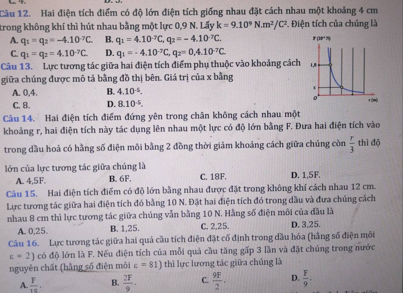 Hai điện tích điểm có độ lớn điện tích giống nhau đặt cách nhau một khoảng 4 cm
trong không khí thì hút nhau bằng một lực 0,9 N. Lấy k=9.10^9N.m^2/C^2. Điện tích của chúng là
A. q_1=q_2=-4.10^(-7)C. B. q_1=4.10^(-7)C,q_2=-4.10^(-7)C.
C. q_1=q_2=4.10^(-7)C. D. q_1=-4.10^(-7)C,q_2=0,4.10^(-7)C.
Câu 13. Lực tương tác giữa hai điện tích điểm phụ thuộc vào khoảng cách
giữa chúng được mô tả bằng đồ thị bên. Giá trị của x bằng
A. 0,4. B. 4.10^(-5).
C. 8. D. 8.10^(-5).
Câu 14. Hai điện tích điểm đứng yên trong chân không cách nhau một
khoảng r, hai điện tích này tác dụng lên nhau một lực có độ lớn bằng F. Đưa hai điện tích vào
trong dầu hoả có hằng số điện môi bằng 2 đồng thời giảm khoảng cách giữa chúng còn  r/3  thì độ
lớn của lực tương tác giữa chúng là
C. 18F.
A. 4,5F. B. 6F. D. 1,5F.
Câu 15. Hai điện tích điểm có độ lớn bằng nhau được đặt trong không khí cách nhau 12 cm.
Lực tương tác giữa hai điện tích đó bằng 10 N. Đặt hai điện tích đó trong dầu và đưa chúng cách
nhau 8 cm thì lực tương tác giữa chúng vẫn bằng 10 N. Hằng số điện môi của dầu là
A. 0,25. B. 1,25. C. 2,25. D. 3,25.
Câu 16. Lực tương tác giữa hai quả cầu tích điện đặt cố định trong dầu hỏa (hằng số điện môi
varepsilon =2) có độ lớn là F. Nếu điện tích của mỗi quả cầu tăng gấp 3 lần và đặt chúng trong nước
nguyên chất (hằng số điện môi varepsilon =81) thì lực lương tác giữa chúng là
D.
A.  F/18   2F/9 ·  9F/2 ·  F/9 .
B.
C.